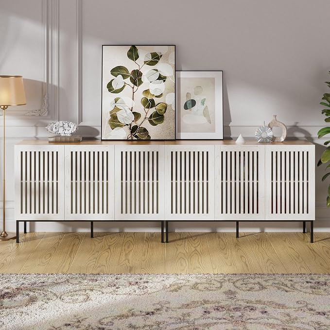 BVIUNTWO 95" Farmhouse Buffet Cabinet with Grille Doors, Adjustable Shelves & 6 Doors, Storage Sideboard with Metal Base for Kitchen, Dining & Living Room, Antique White