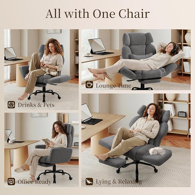 Office Chair with Flip Armrests,Comfy Criss Cross Chair for Pets Sitting,Big and Tall Office Chair with Foot Rest,Extra Wide Seat & Lumbar Pillow,Ergonomic Computer Gaming Chair,Teddy Fleece,Grey