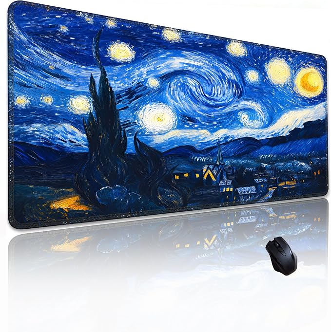 Van Gogh Cat Starry Night Mouse Pad, Large Desk Mat | Gaming Mouse Mat, 31.5x11.8in, Micro-Woven Cloth Surface, Non-Slip Rubber Base, Machine Washable