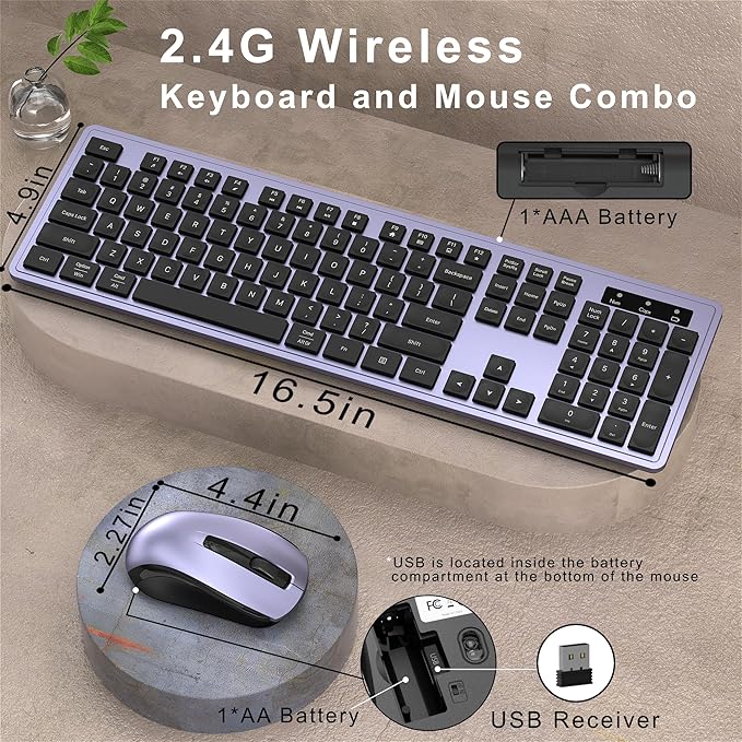 Wireless Keyboard and Mouse Combo, Full-Size 104-Key Office Keyboard with 15 Function Keys, Numeric Keypad, Single USB Receiver, Compatible with PC and Laptop(Purple)