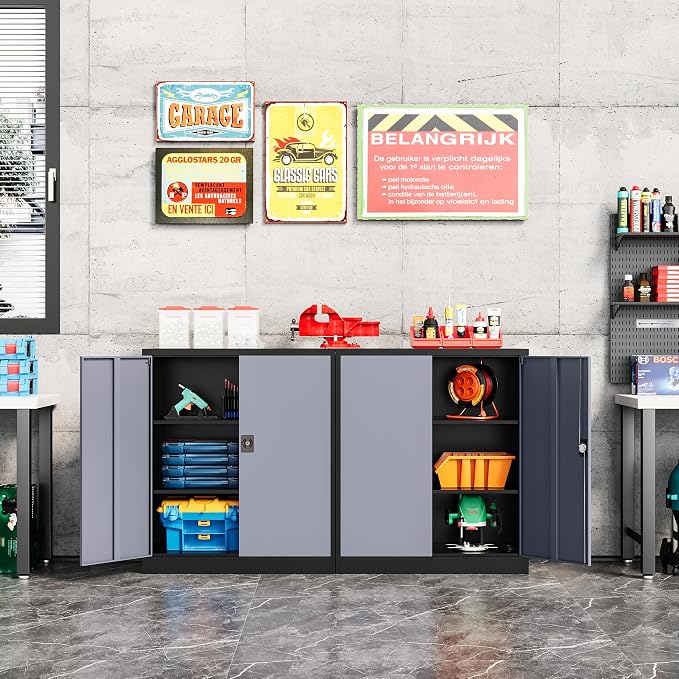 Fesbos Metal Storage Cabinet-36” Tall Steel File Cabinets with Lockable Doors and Adjustable Shelves-Black&Gray Steel Storage Cabinet for Home Office, School, Garage