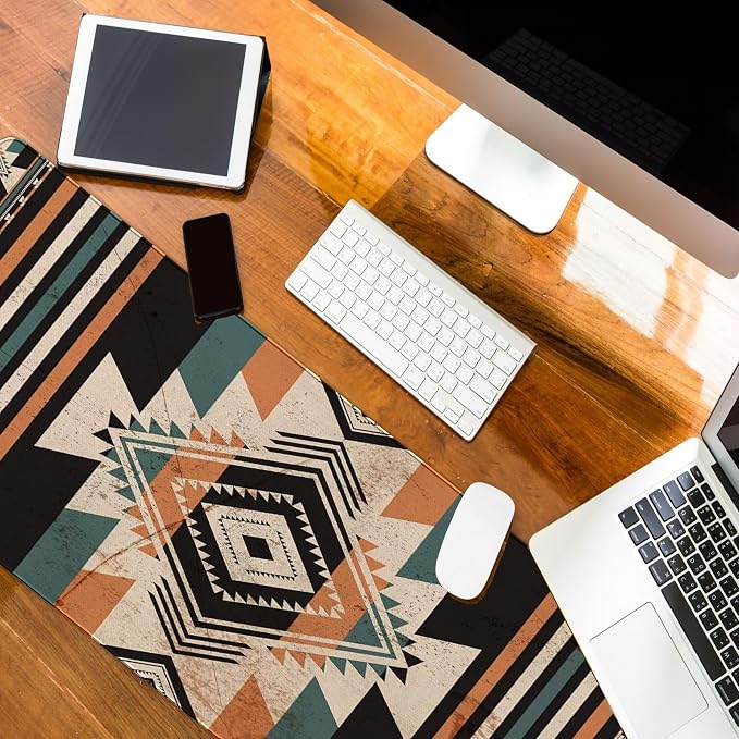 Retro Western Mouse Pad, Western Desk Accessories 31.5x11.8 | Vintage Aztec Rug Desk Mat, Retro Desk Mat for Keyboard And Mouse, Native American Decoration, Cowboys Gift