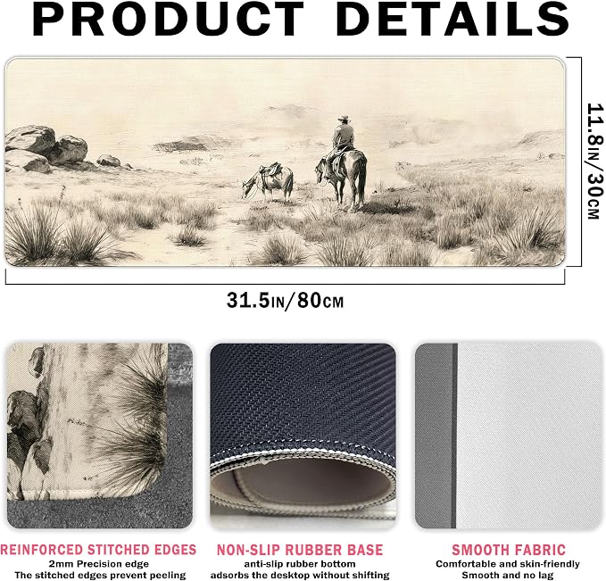 Horse Western Desk Mat, Vintage Desk Accessories Mouse Pad 31.5x11.8 | Western Desk Accessories, Vintage Cowboys Desk Pad Large, Retro Wild West Art Mouse Pad for Laptop, Western Gifts