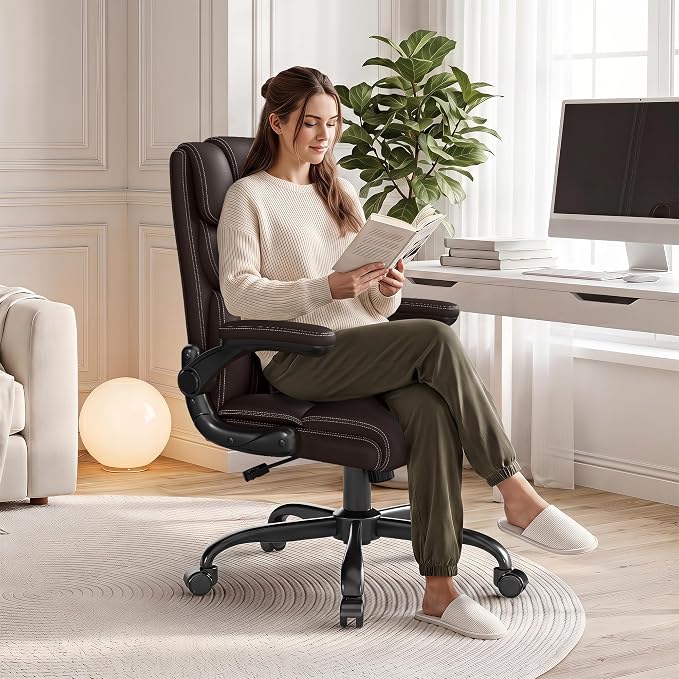 Office Chair, Executive Mid-Back Computer Desk Chair with Flip-up Armrests | 300 Lbs Ergonomic Leather Swivel PC Chair with Rock Function for Working Studying (Coffee)