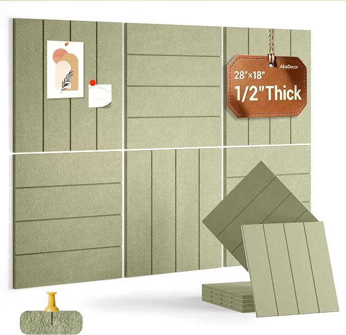 28" x 18" Felt Bulletin Board Tiles 1/2" Thick, Sage Green | 6 Pack Felt Tiles, Large Cork Board Alternative, 30 Adhesive Tabs, Pin Board for Home Office Decor with Easy Install