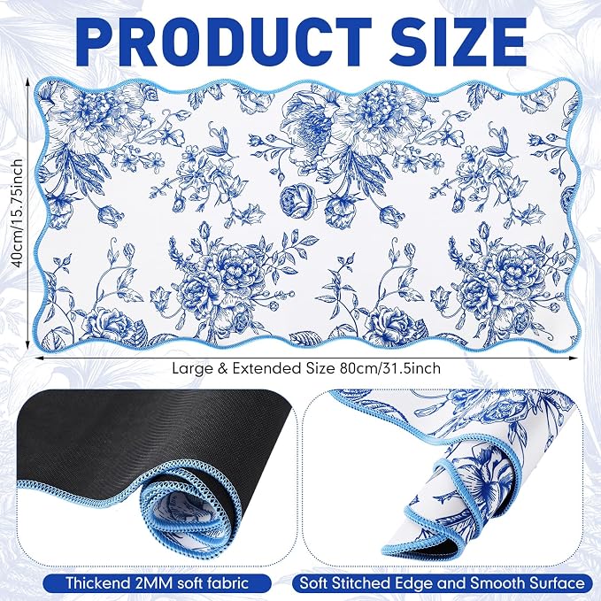 Kingdder Scalloped Floral Desk Mat Large Chinoiserie Mouse Pad Blue White Floral Desk Pad 31.5" x 15.7" Aesthetic Girly Vintage Keyboard Computer Laptop Mat for Dorm Home Office Gaming Decor
