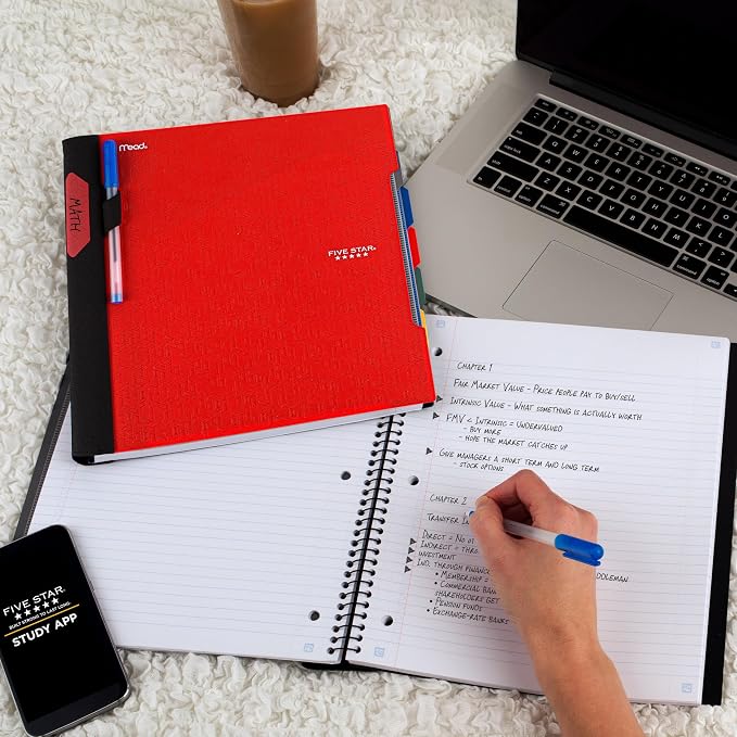 Five Star Advance Spiral Notebook + Study App, 5 Subject, College Ruled Paper, 8-1/2" x 11", 200 Sheets, Spiral Guard, Movable Tabbed Dividers, Fire Red (73146) (Pack of 6)
