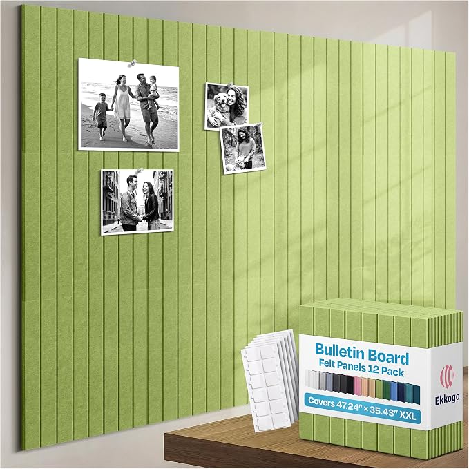 X-Large Cork Board Alternative 12-Pack Felt Bulletin Board Thick and Decorative Pin Board for Home Office Walls 47.24 x 35.43 Inches with 72 Adhesive Tabs - [Gin Green]