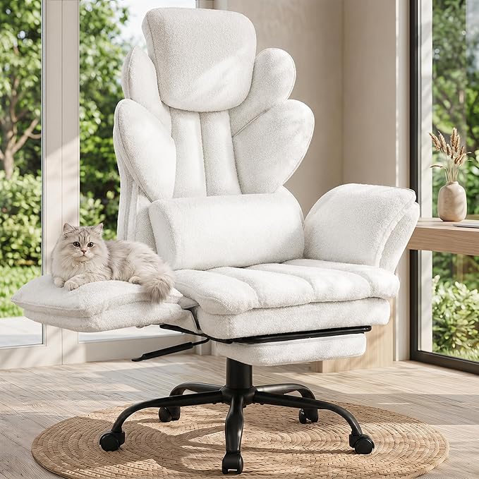 Flip Armrests Criss Cross Office Chair, Reclining Office Chair with Foot Rest, Adjustable Headrest, Massage Waist Pillow, Cross Legged Big and Tall Desk Chair Wide Seat Vanity Chair, White Fabric