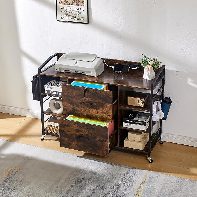 45" File Cabinet for Home Office, Mobile Office Storage Cabinet with Built-In Power Outlet, 2 Drawer Filing Cabinet with Lock, Shelves, Metal Hook, Storage Bag fits A4/Legal/Letter Size (Wood)