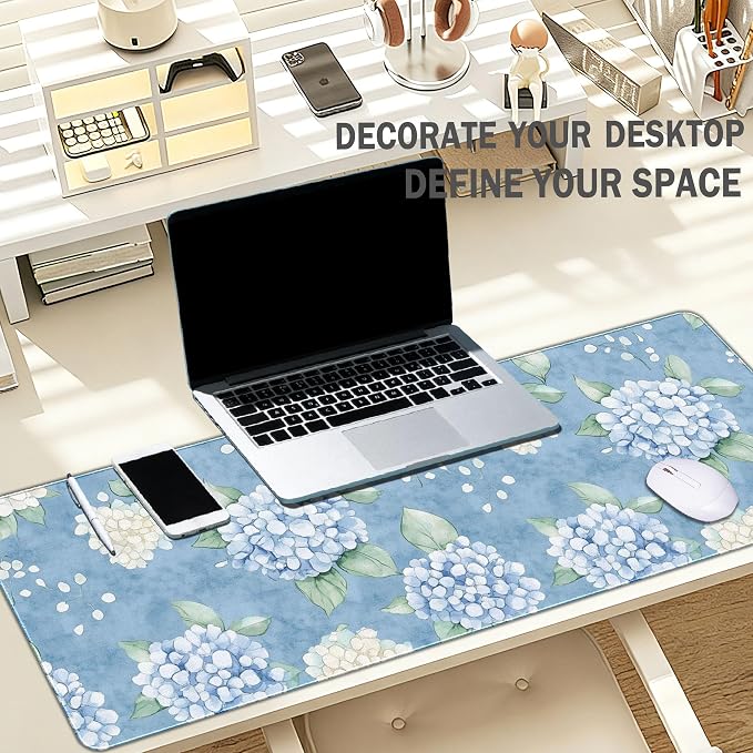 Hydrangea Desk Mat, Blue and White Flroal Mouse Pad, 31.5x11.8