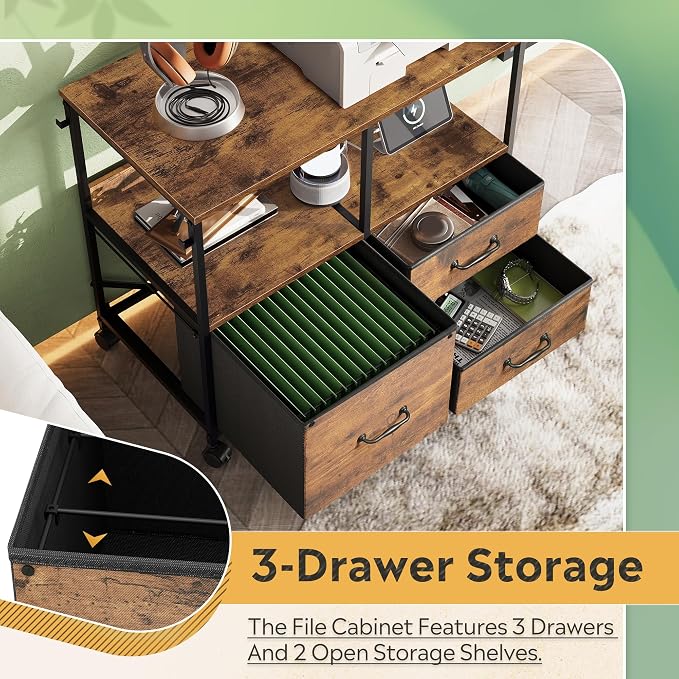DEVAISE 3 Drawer Mobile File Cabinet with Storage Shelf, Charging Station | Rolling Printer Stand, Fabric Lateral Filing Cabinet fits A4 or Letter Size, Adjustable Shelf for Home Office, Rustic Brown