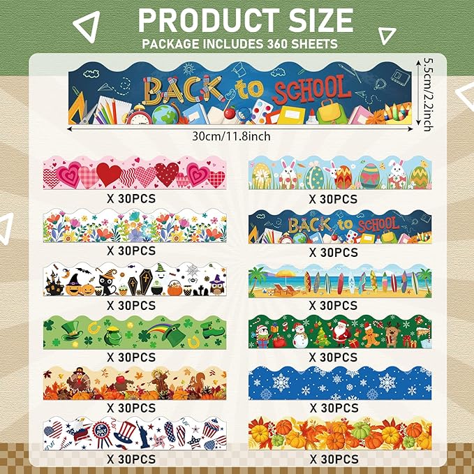 Geyee 360 Pcs Easter Bulletin Board Borders St. Patrick's Holiday Decorations Summer Spring Classroom Borders Bulletin Board Trim for Classroom School, 12 Design(Stylish)