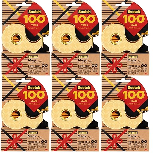 Scotch 100-Year Anniversary Limited Edition Gold Tape Dispensers, Includes 12 Rolls of Scotch Magic Tape (3/4 in x 550 in, 66% Plant-Based Adhesive), Refillable, 6 Dispenser Pack