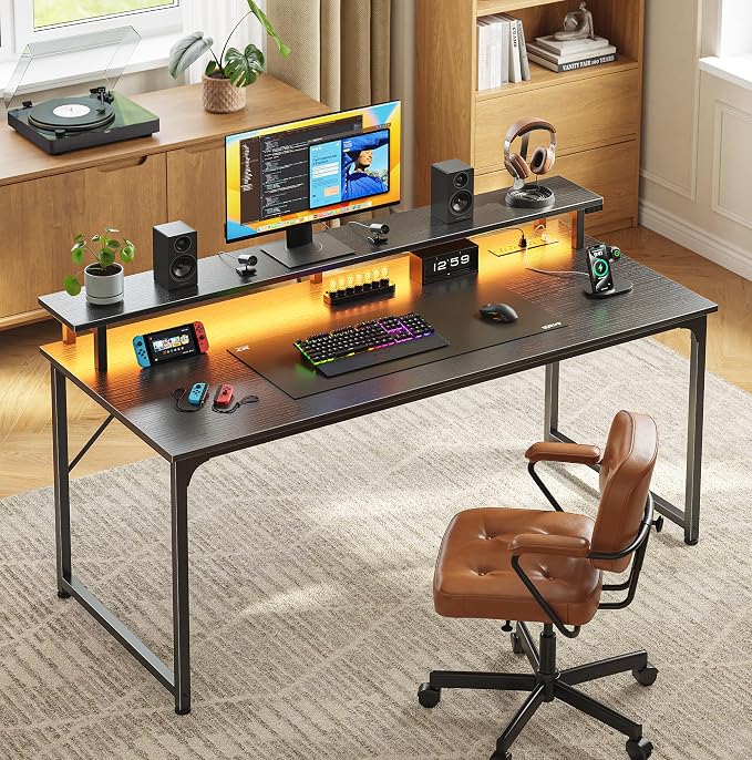 48 inch Gaming Desk, LED & Power Outlets, Monitor Stand, Black | Sturdy PC Desk for Home Office, Study & Work, LED Lights, 4 AC Outlets & USB-C Charging Station