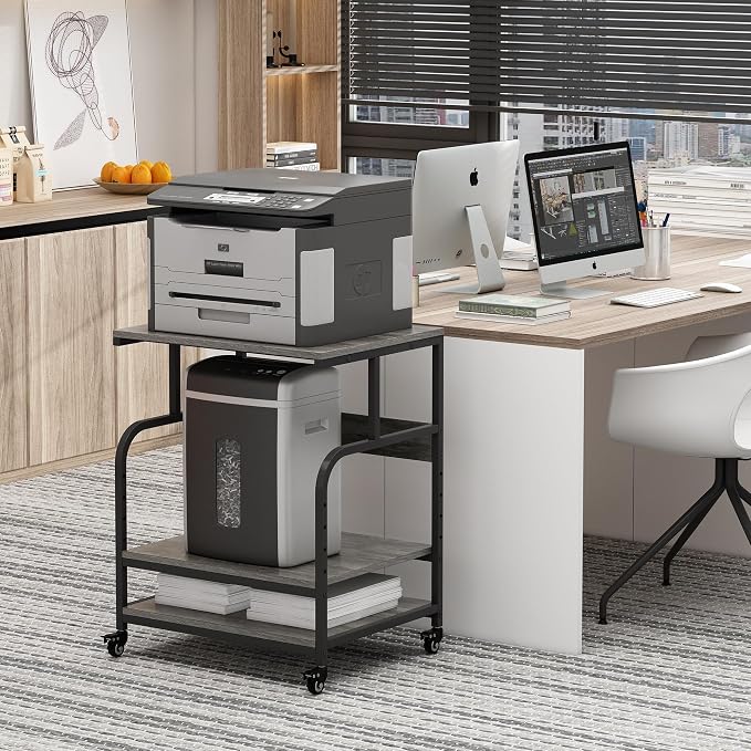 Fannova Gray Printer Stand, 23.6"x18.9" Large Printer Table with Storage | Height Adjustable Middle Shelf, Heavy Duty Industrial Wheels, 3 Tier Rolling Cart for 3D Printer, Home Office Furniture