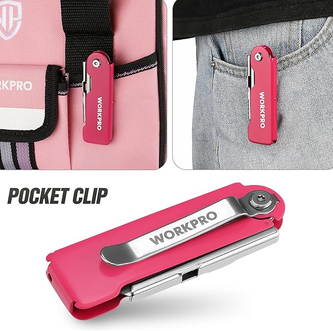 WORKPRO 3-Pack Folding Utility Knife Set, Quick Change Blade Box Cutter, Razor Knife with Belt Clip, 10 Extra SK5 Blades for Cartons, Cardboard and Boxes
