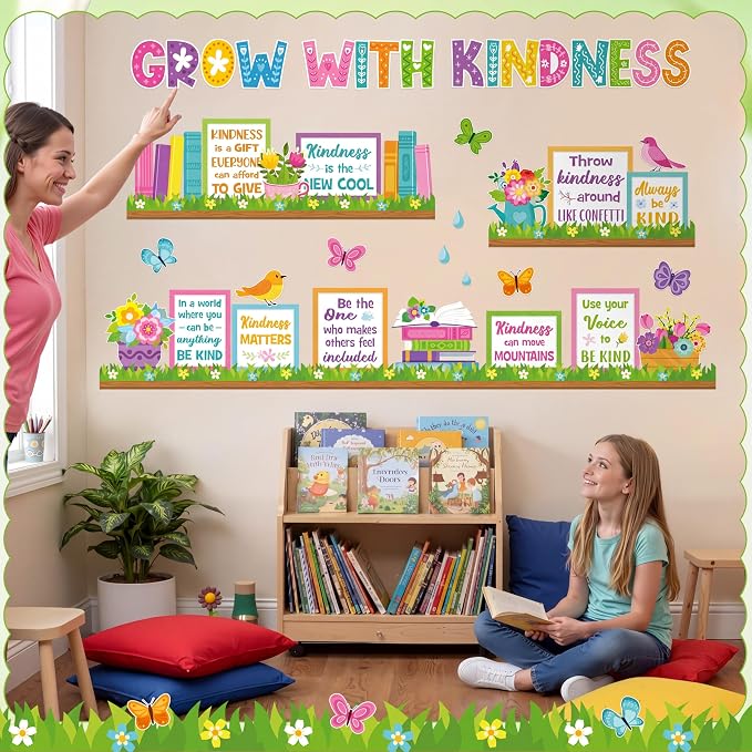 Qilery Grow with Kindness Bulletin Board Set Spring Classroom Decorations | Motivational Reading Posters for Teachers Elementary School Library Wall Decor Flower Book Cutouts for Kindness Week Display