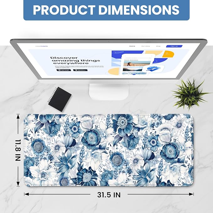 Aesthetic Desk Mat, Cute Blue Floral Desk Pad Protector for Work & Decor, 31.5" x 11.8", Pretty Non-Slip Extended Mouse Pad for Office or Home