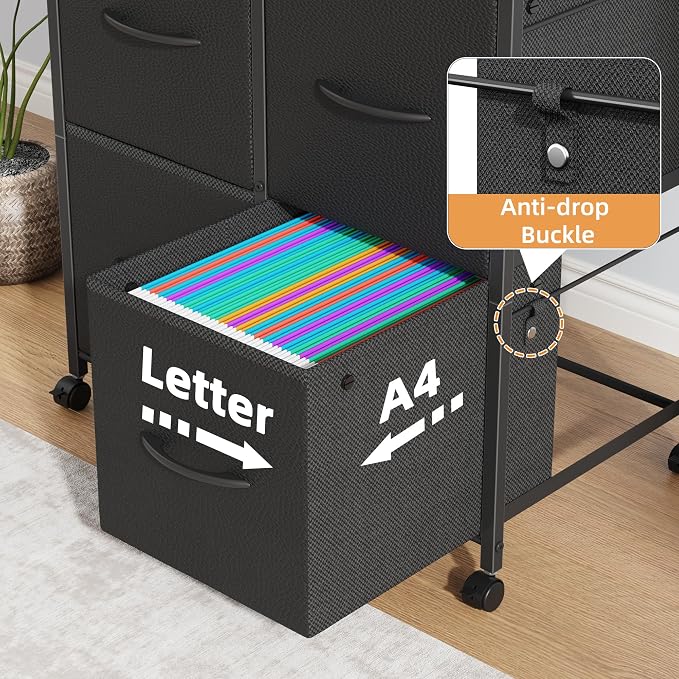 4 Drawer Mobile Lateral File Cabinet 23''W for Large Printer | Sturdy Metal Frame & Wood Top, Holds 50 Lbs, Casters, Fits Letter/A4 Size (No Legal), Fabric Drawer, Black