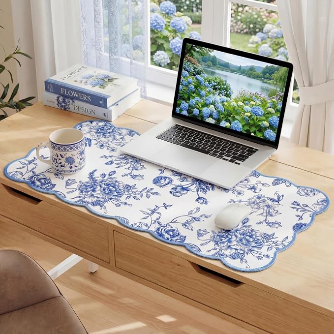 Kingdder Scalloped Floral Desk Mat Large Chinoiserie Mouse Pad Blue White Floral Desk Pad 31.5" x 15.7" Aesthetic Girly Vintage Keyboard Computer Laptop Mat for Dorm Home Office Gaming Decor