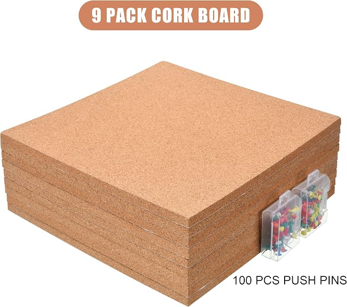 SUNGIFT Cork Board Tiles 12"x12" - 1/2 Inch Thick, 9 Pack | Self-Adhesive Square Bulletin Boards for Smooth Indoor Walls, with 100 Push Pins for Notes, Photos and Displays