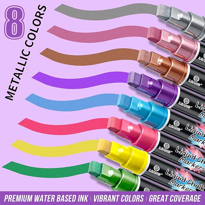 IJIANG Metallic Chalk Markers 8 Colors, Jumbo Liquid Chalk Markers with 10mm 3-in-1 Tips Perfect for Window Cars Glass Mirror and Blackboard Whiteboard Chalkboard, Dry & Wet Erase Pens
