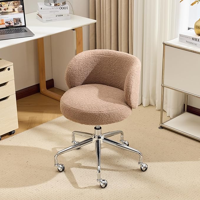 VINGLI Cute Small Swivel Desk Chair Comfy with Wheels,Ergonomic Low-Back Lumbar Support Vanity Nail Tech Rolling Task Stool Chair for Home Office,Height Adjustable,Teddy Fleece,Brown