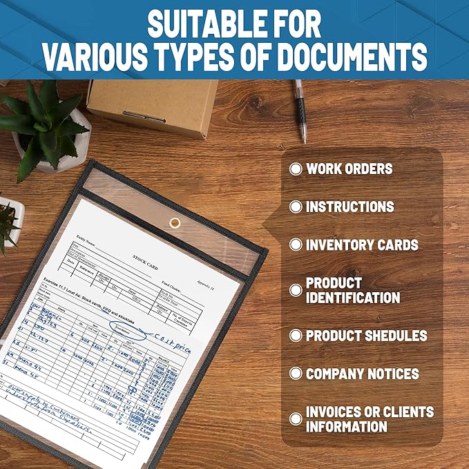 50 Pack Job Ticket Holders 8.5x11 - Work Order Plastic Sleeves for Documents - 8 1/2 x 11 Shop Ticket Holders - Heavy Duty Sheet Protectors - Dry Erase Pocket Sleeves - Dry Erase Clear Pocket Sleeve