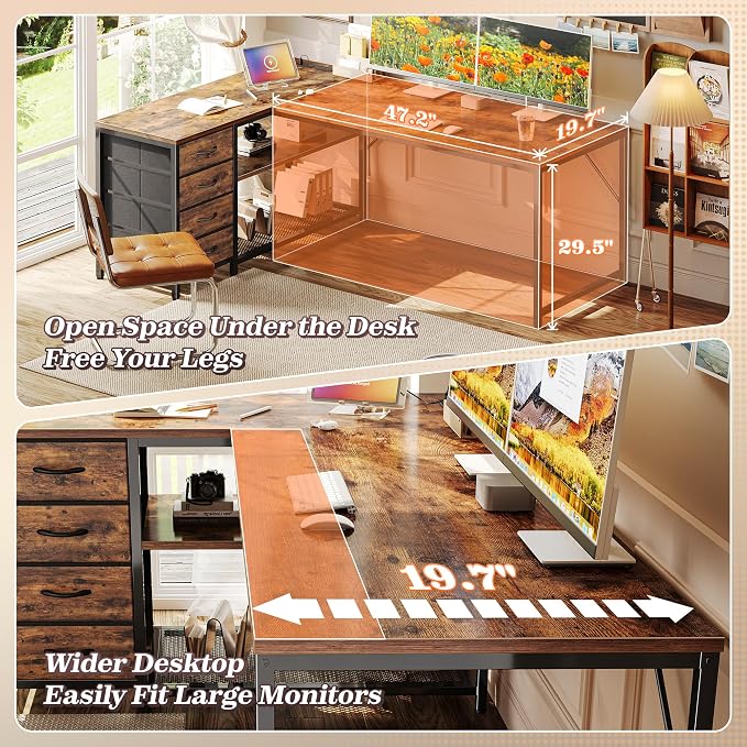 61" L Shaped Desk with Power Outlets & 4 Drawers | Reversible Computer Desk with 2 Storage Shelves, Large Corner Office Desk for Gaming Writing Work Study, Rustic Brown