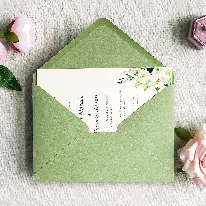 PONATIA 50 PCS/Pack A7 Envelopes, 5.25 x 7.25'' Sage Green Envelopes For 5 x 7'' Weddings Invitation Cards, Christmas Gift Cards, Acrylic Invitations, Photos and Any 5x7 Inserts