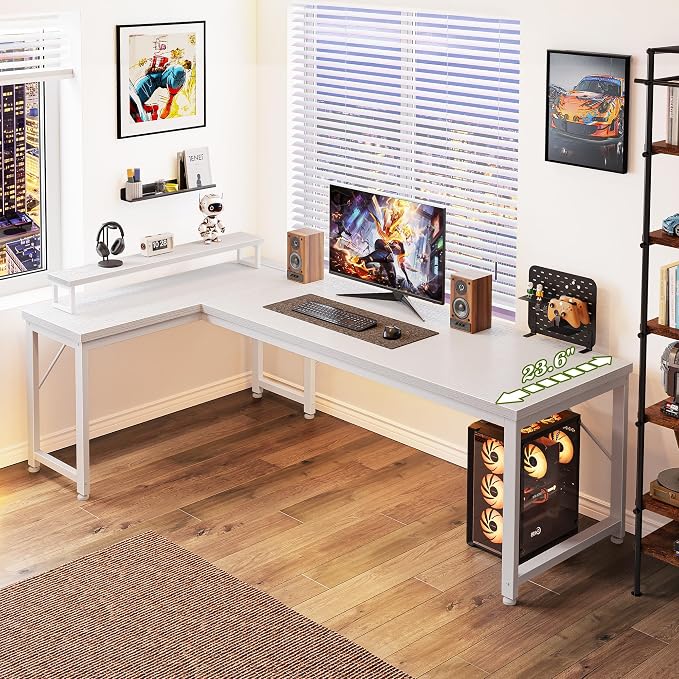 61" L Shaped Computer Desk, Power Outlets, Monitor Stand, White | USB-C Ports, Reversible Charging Station, Spacious Desktop & Legroom, 0.94 Inch Thick Desktop, for Gaming, Study & Work