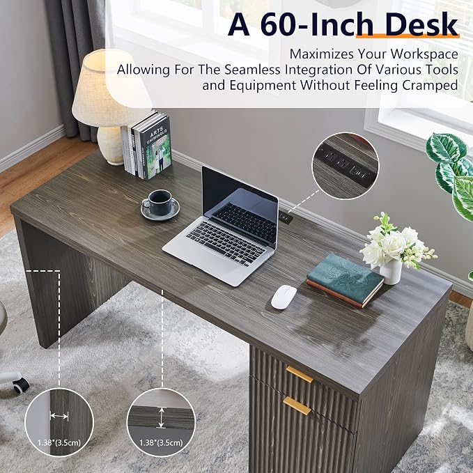 60" Modern Executive Desk, Reversible Left‑Right Cabinet, Built‑in Outlet | Reversible design lets you fix the cabinet on left‑hand or right‑hand side to fit your room layout