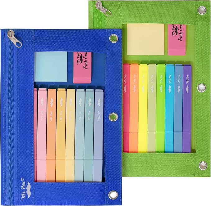 Mr. Pen- Pencil Pouch for 3 Ring Binder, 2 Pack, 10"x6.75", Smooth Zipper | Clear Window, Large Capacity Pencil Case with 3 Reinforced Grommets for School, Office, Supplies Storage