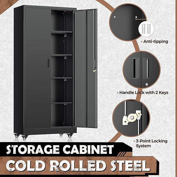 INTERGREAT73 Garage Storage Cabinet with Wheels, Rolling Metal Storage Cabinet with Locking Doors and 4 Adjustable Shelves,- 73" Steel Tool Cabinet for Home Office,Garage,Warehouse，Black