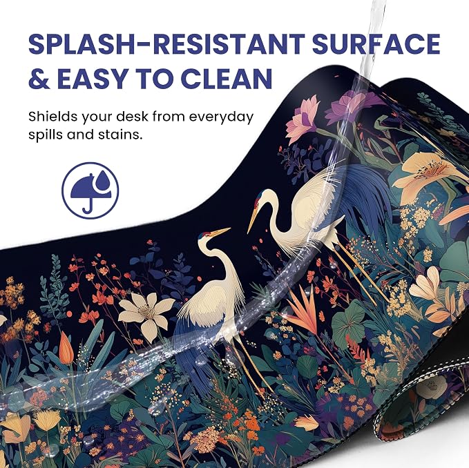 Aesthetic Desk Mat, Cute Midnight Cranes Desk Pad Protector for Work & Decor, 35.4" x 15.7", Pretty Non-Slip Extended Mouse Pad for Office or Home