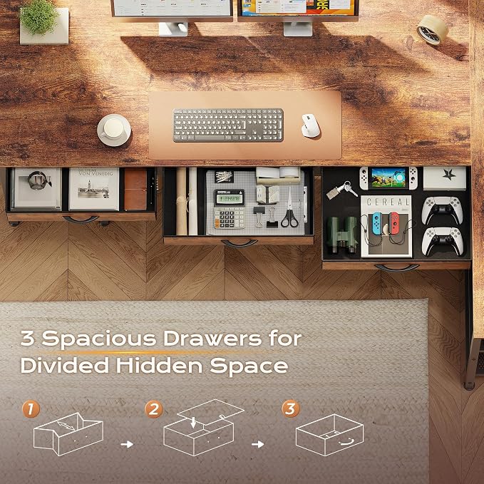 63 Inch L Shaped Office Desk with Power Outlets and Type-C Port, Large Computer Gaming Desk with 3 Fabric Drawers, Mesh Shelves, Corner Study Work Writing Desk, Rustic Brown