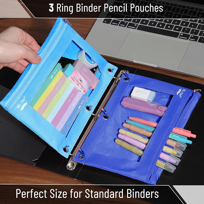 Mr. Pen- Pencil Pouch for 3 Ring Binder, 2 Pack, 10"x6.75", Smooth Zipper | Clear Window, Large Capacity Pencil Case with 3 Reinforced Grommets for School, Office, Supplies Storage