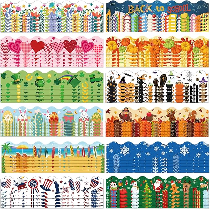 Geyee 360 Pcs Easter Bulletin Board Borders St. Patrick's Holiday Decorations Summer Spring Classroom Borders Bulletin Board Trim for Classroom School, 12 Design(Stylish)