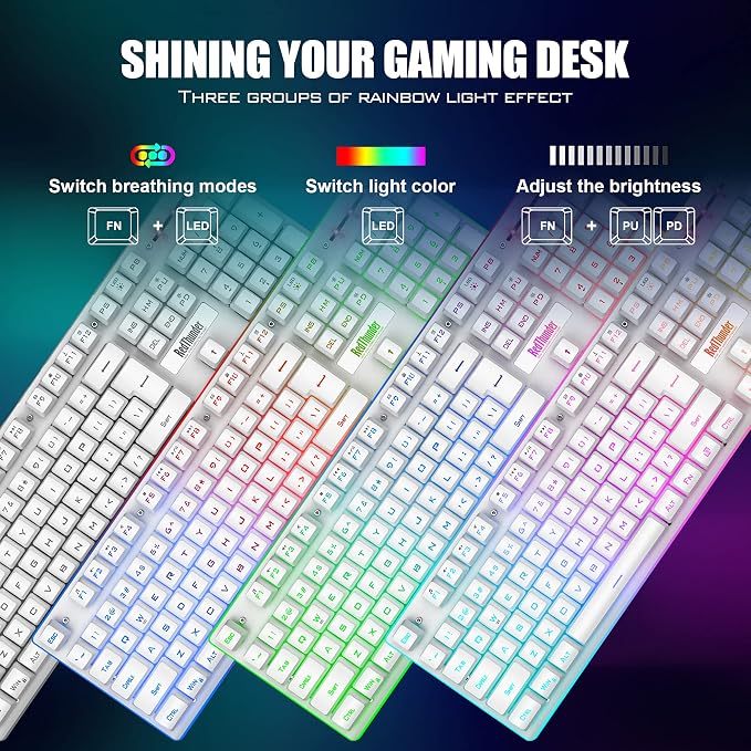 RedThunder K10 Wireless Gaming Keyboard and Mouse Combo, LED Backlit Rechargeable 3800mAh Battery, Mechanical Feel Anti-ghosting Keyboard + 7D 3200DPI Mice for PC Gamer (White)