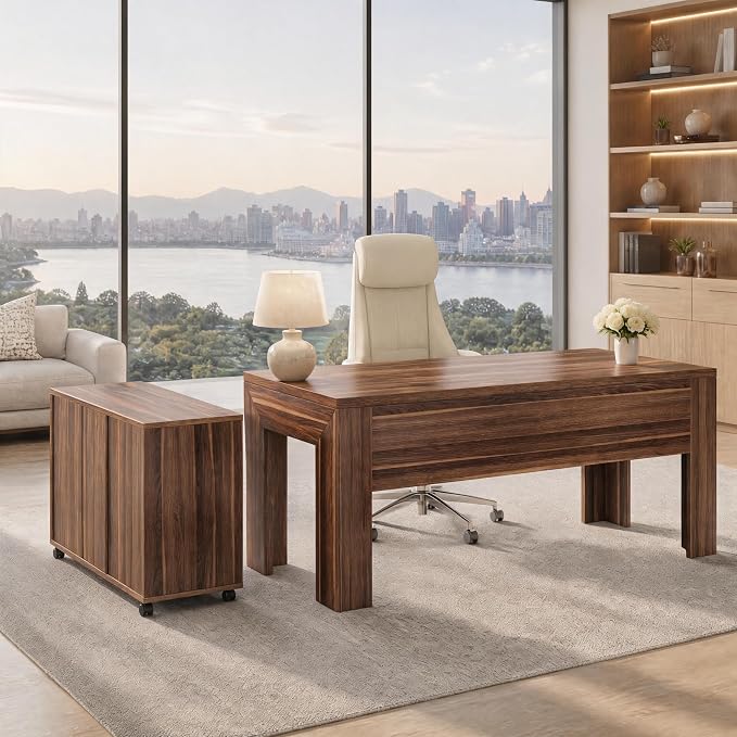 Tribesigns L Shaped Executive Desk with Drawers,Light Walnut | Large Office Desk with Rolling File Cabinet Combo,Home Office Computer Desk,Wooden Desk with Long Front Baffle