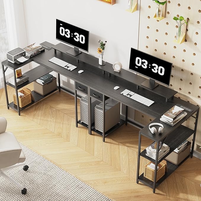 L Shaped Gaming Desk with Power Outlet & Led Light, 47 inch Reversible Computer Desk with Shelves, Hooks, and Drawer, Cornor Home Office Desk Table for Living Room, Bedroom, Black