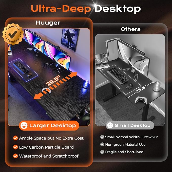Huuger 78.7'' x 29.5'' Large Electric Standing Desk, Height Adjustable Computer Desk, 29.5" Deep Desktop, Stand up Gaming Office Desk with 2 Hooks, 3 Preset Heights, for Home Office, Black