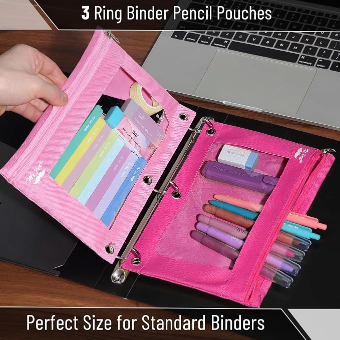 Mr. Pen- Pencil Pouch for 3 Ring Binder, 2 Pack, 10"x6.75", Smooth Zipper | Clear Window, Large Capacity Pencil Case with 3 Reinforced Grommets for School, Office, Supplies Storage