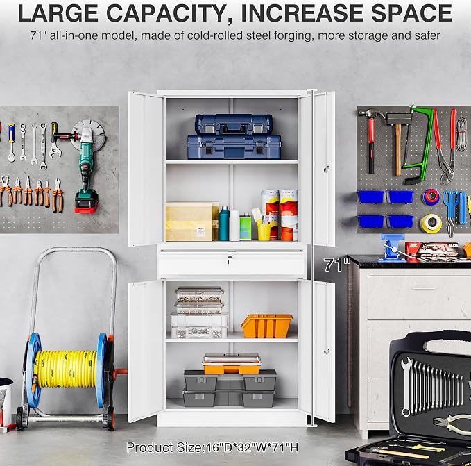 White Metal Storage Cabinet with Drawer and Locks,Garage Storage Cabinet with Locking Doors and Adjustable Shelves,71" Tall Large Metal Cabinets with Magnetic Door for Home,Office,Garage
