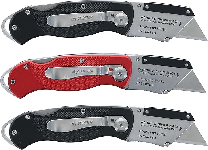 Husky Folding Sure-Grip Lock Back Utility Knives Multi Pack (3 Piece Set: 3 x Husky Knives w/ Blades) (Colors Vary)