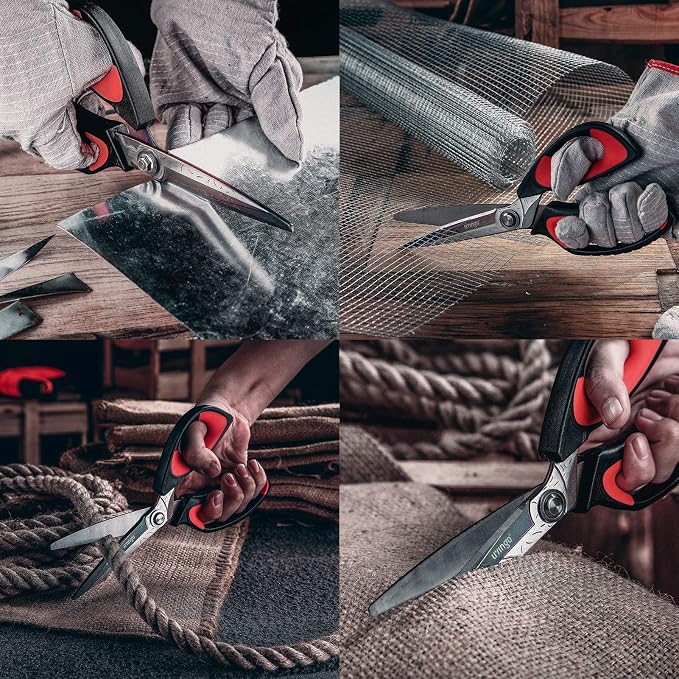 LIVINGO 10" Heavy Duty Multipurpose Shears for Shop & Garden (Red/Black) | Forged stainless steel with titanium coating. Cuts fabric, cardboard, pruning branches, household materials, Rust-resistant