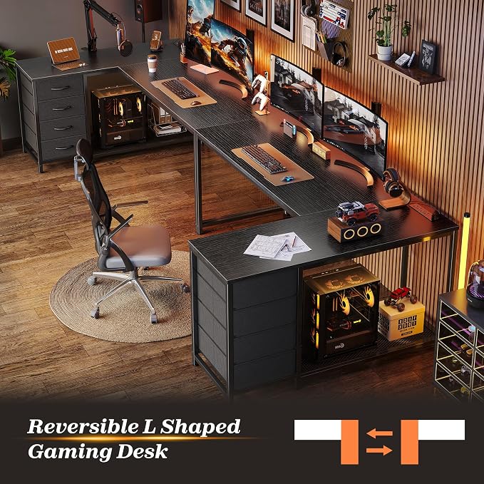 61" L Shaped Desk with Power Outlets & 4 Drawers | Reversible Computer Desk with 2 Storage Shelves, Large Corner Office Desk for Gaming Writing Work Study, Black