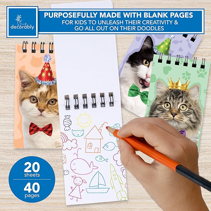 Decorably 24 Pack Spiral Cat Party Favors for Kids - 12 Kitty Designs 2.4x4in Mini Notepads, Spring-Bound with 20 Sheets - Gifts for Birthday, Baby Shower, Children's Party, School