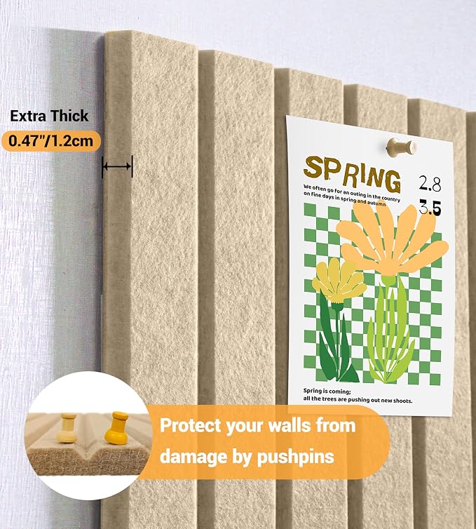 28" x 18" Felt Bulletin Board Tiles 1/2" Thick, Tan | 6 Pack Felt Tiles, Large Cork Board Alternative, 30 Adhesive Tabs, Pin Board for Home Office Decor with Easy Install
